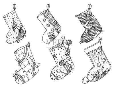 一套圣誕襪。矢量程式化的冬天襪子的集合。一整套裝飾圣誕絲襪。手工繪制的黑色和白色。涂鴉藝術矢量圖素材下載 - Veer圖庫