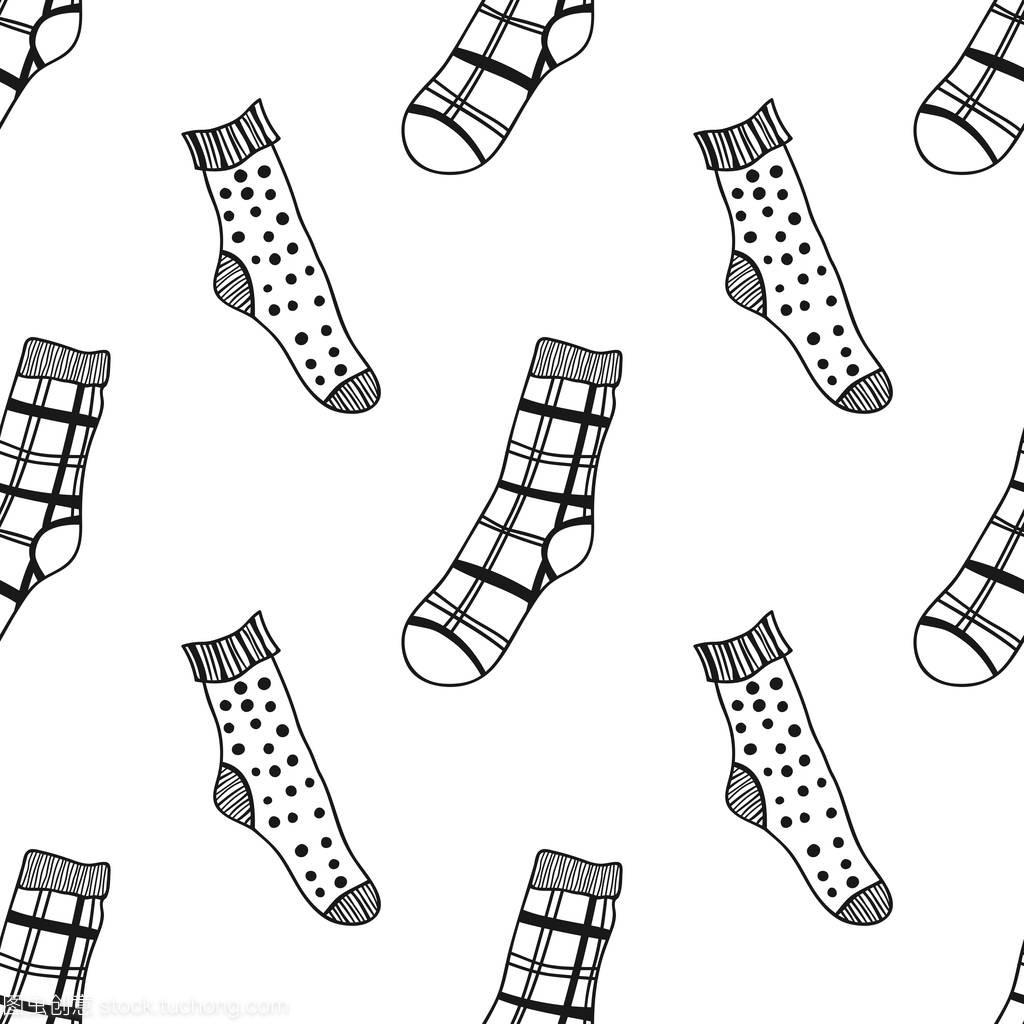 襪子。黑白無縫圖案, 用于著色書籍和頁面。針織服裝。矢量插圖