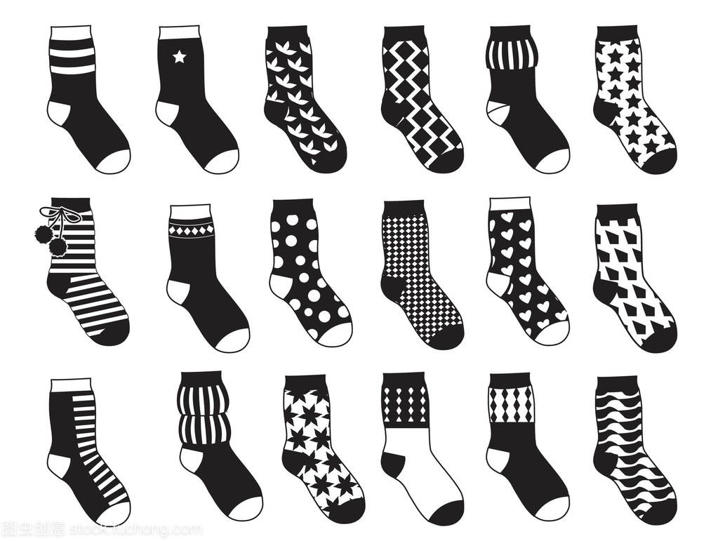 孩子的剪影襪子與不同模式。矢量單色插圖隔離